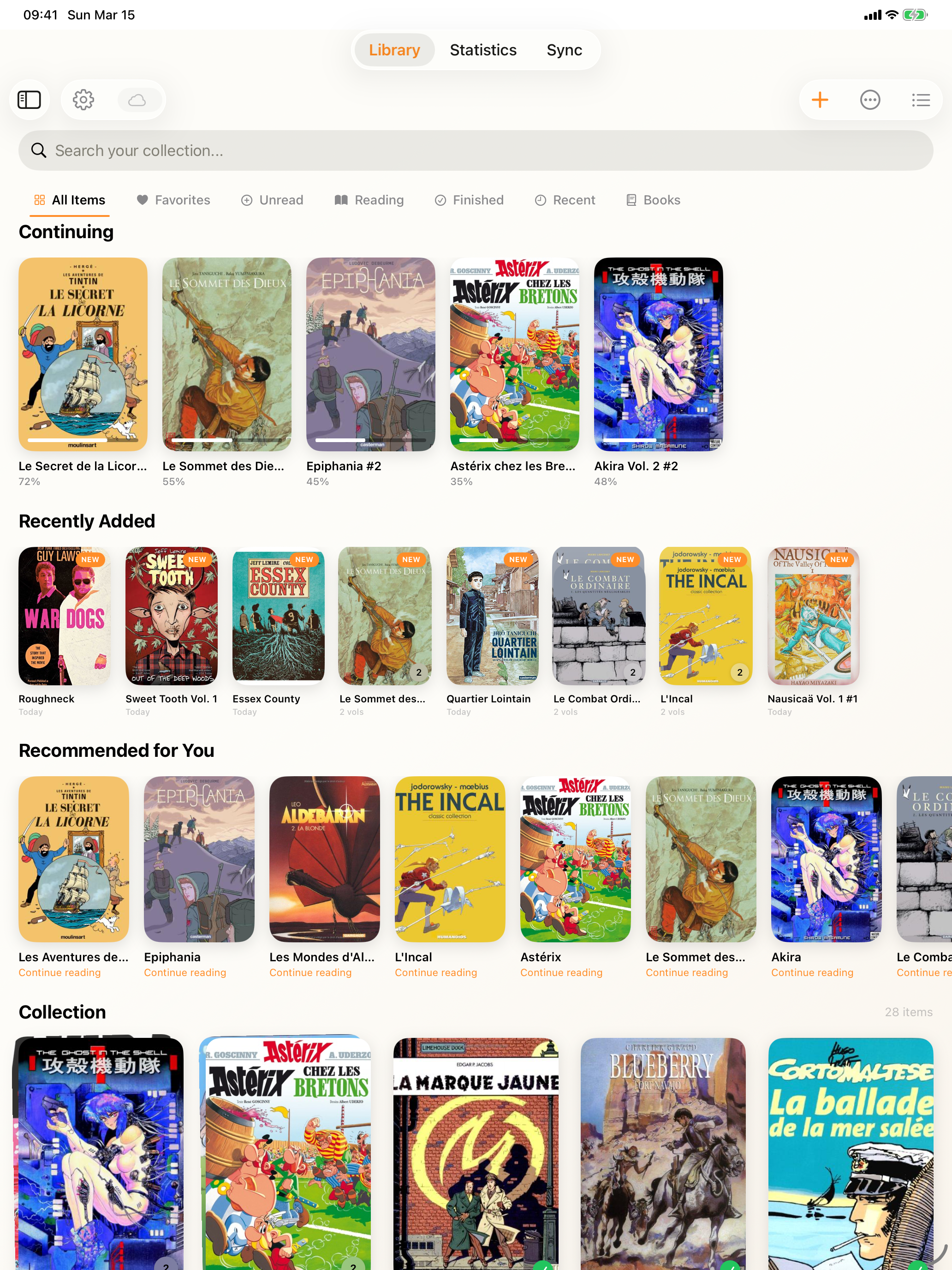 Lijn library on iPad showing Continue Reading hero and series grid